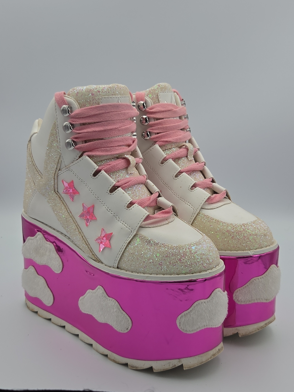 YRU Pink Glitter Cloud Platform Sneakers with Star Accents Size 7